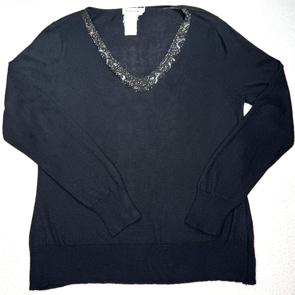 GERARD DAREL Sweater Womens Sz 4 Black Merino Wool Silk Embellished V Neck Paris
